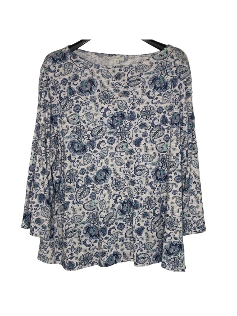 J. Jill Floral Paisley Slub Cotton Flare Bell Sleeve Top Sz XL Boho